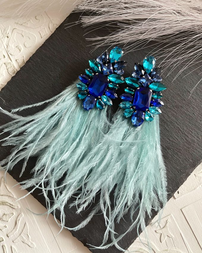 Sidabriniai auskarai, Auskarai su kristalais, proginiai auskarai, mėlyni auskarai, vestuviniai auskarai