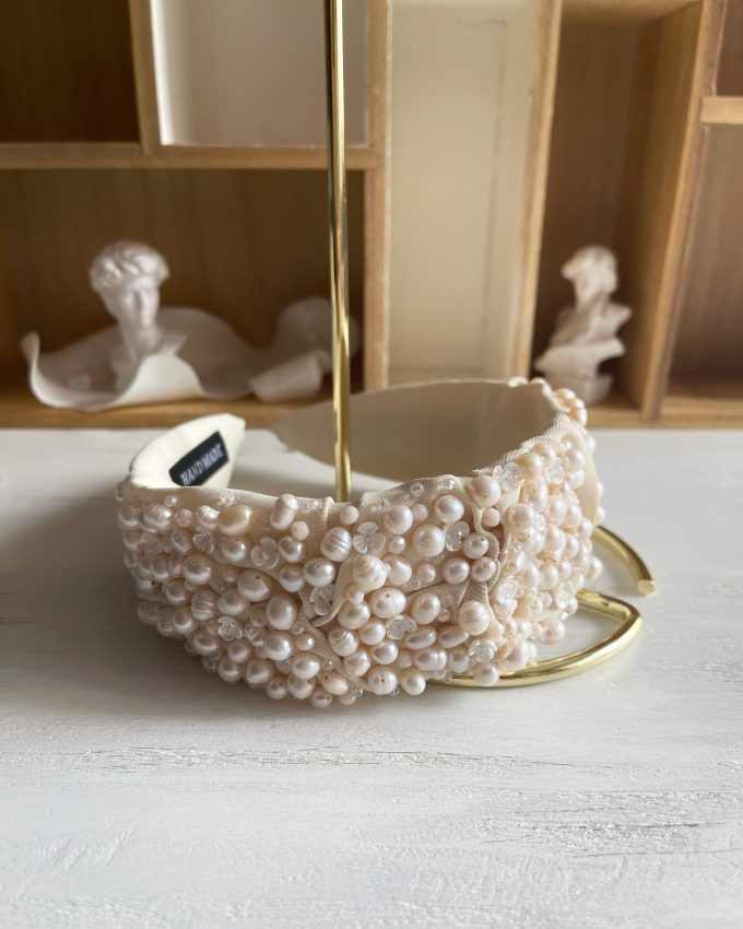 Lankelis plaukams su perlais, vestuvinis lankelis, vestuviniai papuošalai, siuvinėtas lankelis