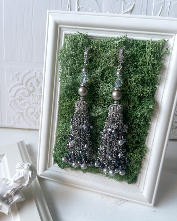 Swarovski auskarai, perlų auskarai, pilki auskarai