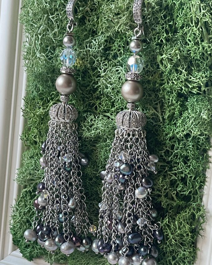 Swarovski auskarai, perlų auskarai, pilki auskarai