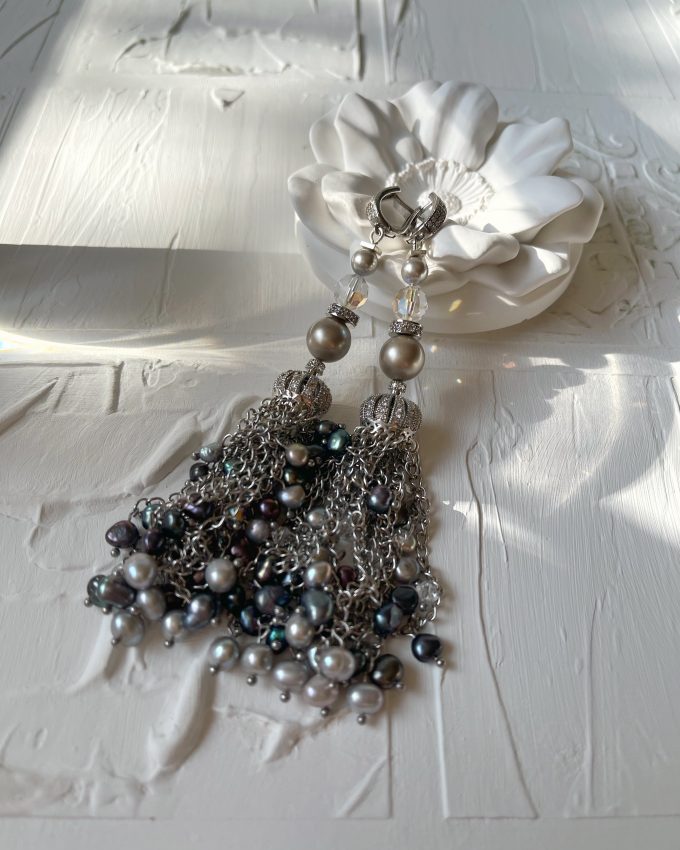 Swarovski auskarai, perlų auskarai, pilki auskarai